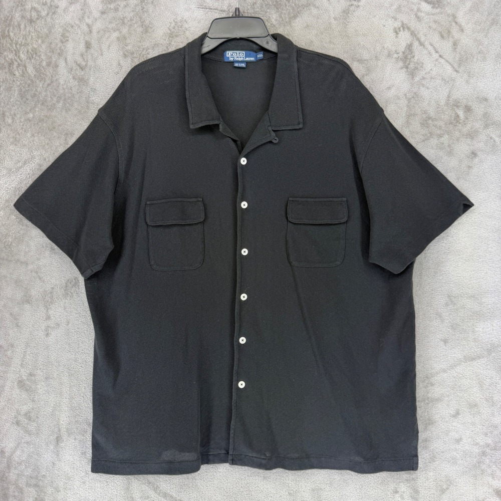 Polo Ralph Lauren Shirt Mens XXL Black Cotton Pique Short Sleeve Camp Collar